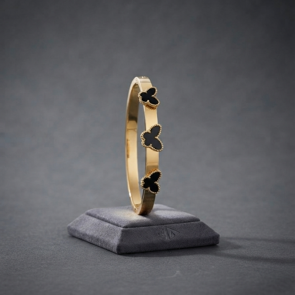 Gold Black Onyx Butterfly Bangle