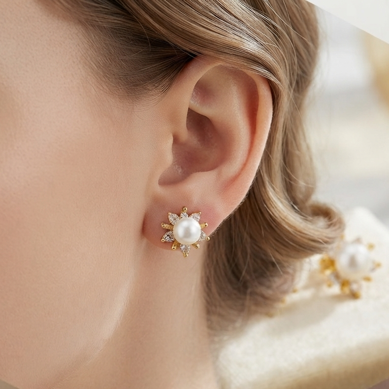 Pearl Flower CZ Stud Earrings