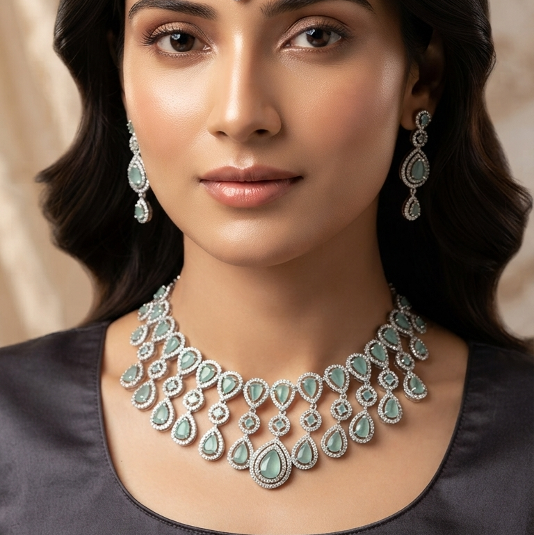 American Diamond Layered Bridal Set with Teal Stones - Necklace, Earrings & Maang Tikka