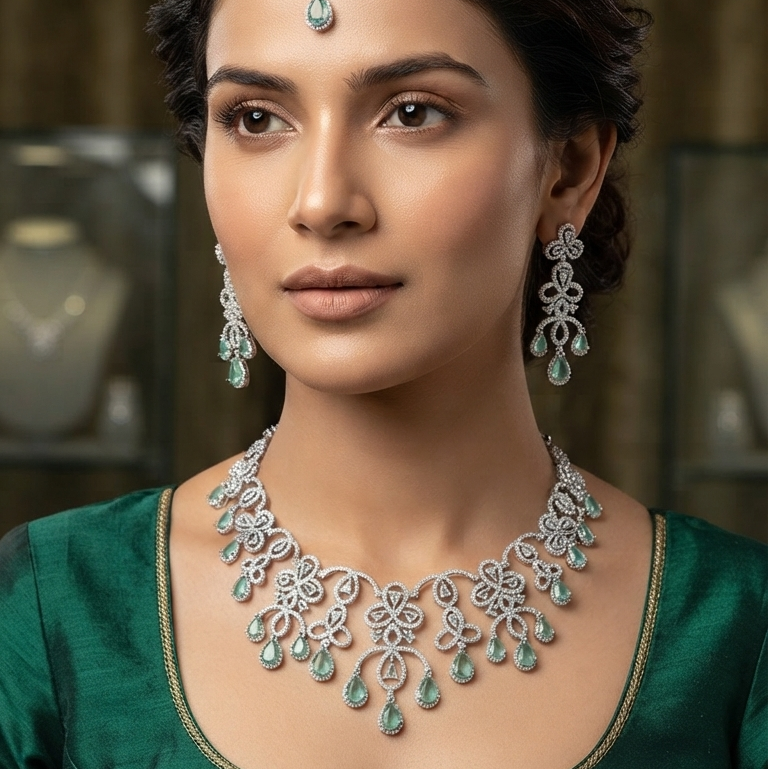 American Diamond Filigree Bridal Set with Teal Droplets - Necklace, Earrings & Maang Tikka