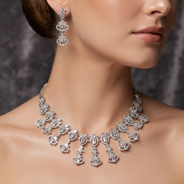 American Diamond Floral Cluster Necklace Set with Matching Earrings