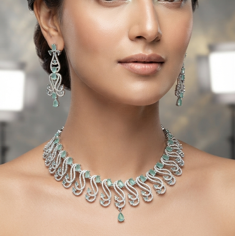 American Diamond Paisley Choker Set with Teal Accents - Necklace, Earrings & Maang Tikka