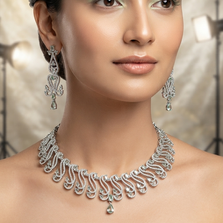 American Diamond Paisley Choker Set with Teal Accents - Necklace, Earrings & Maang Tikka