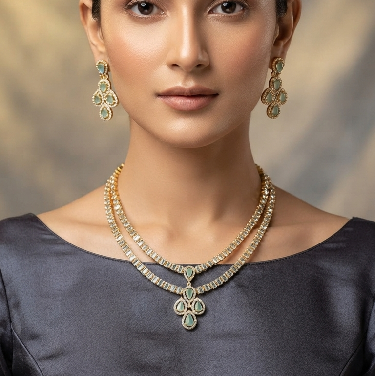 American Diamond Bridal Set - Two-Tier Necklace with Emerald Drops & Matching Earrings