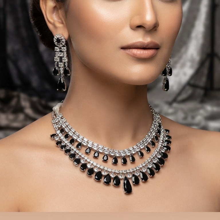 American Diamond Bridal Set - Double-Tier Teardrop Necklace, Earrings & Maang Tikka