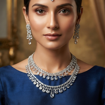 American Diamond Bridal Set - Double-Tier Teardrop Necklace, Earrings & Maang Tikka