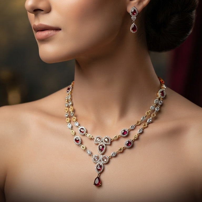 American Diamond Set - Two-Tone Double-Strand Necklace with Ruby Drop & Matching Earrings