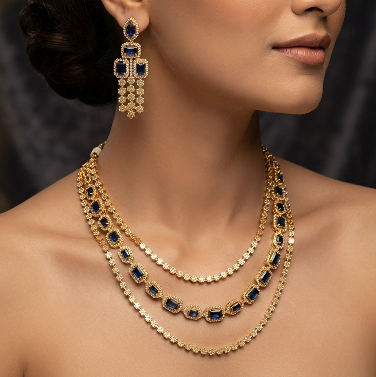 American Diamond Bridal Set - Three-Layer Necklace, Earrings & Maang Tikka