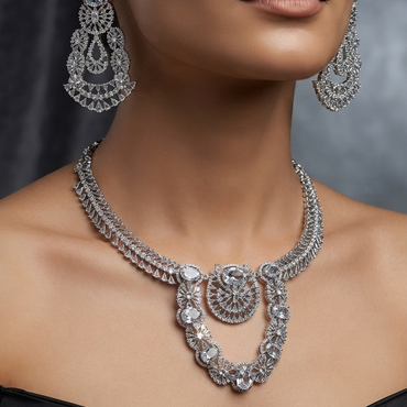 American Diamond Set - Scalloped Fringe Necklace with Medallion Pendant & Matching Earrings