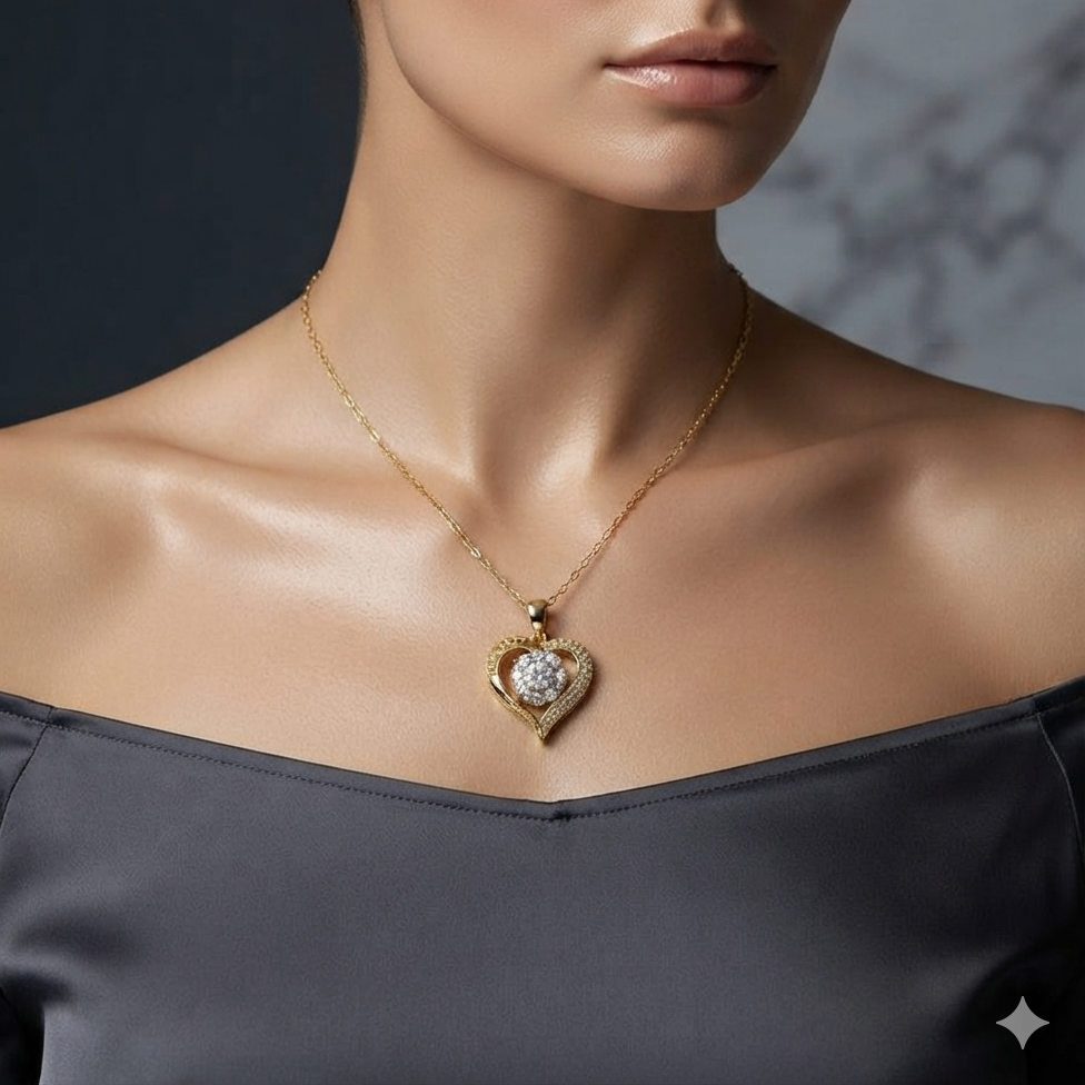 Gold Heart Pendant Necklace with CZ Cluster Center