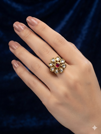 Gold Kundan Floral Statement Ring