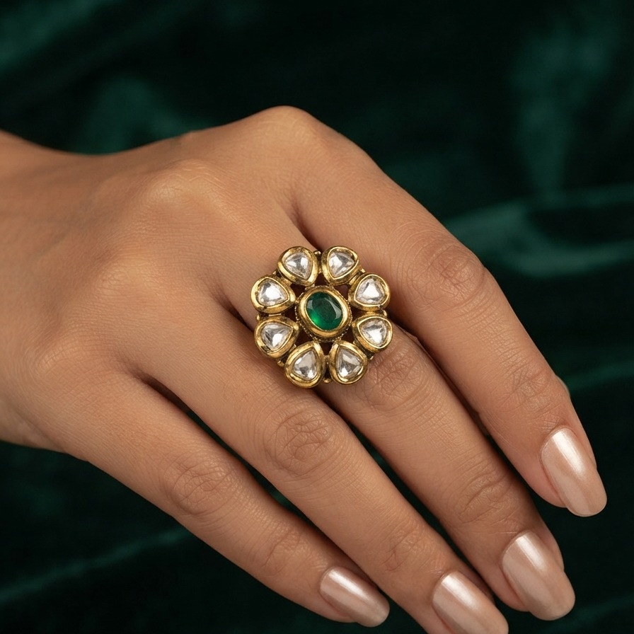 Gold Kundan Floral Statement Ring