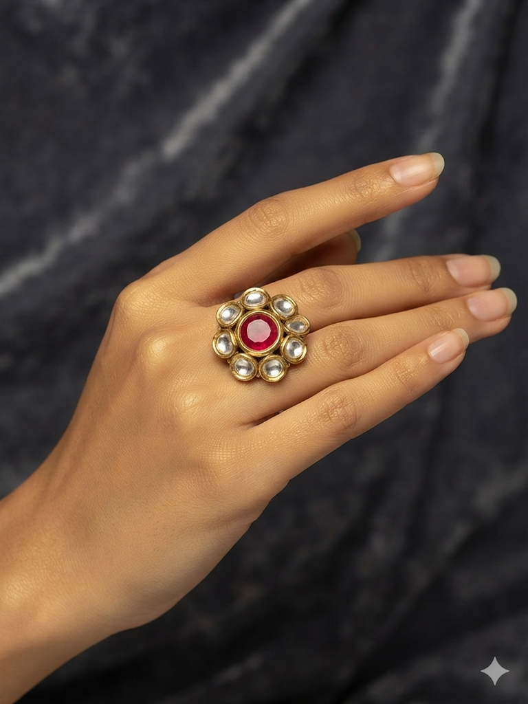 Antique Round Kundan Cocktail Ring