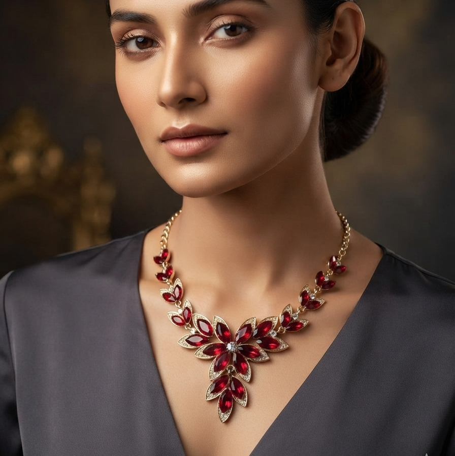 Marquise Ruby Floral Necklace