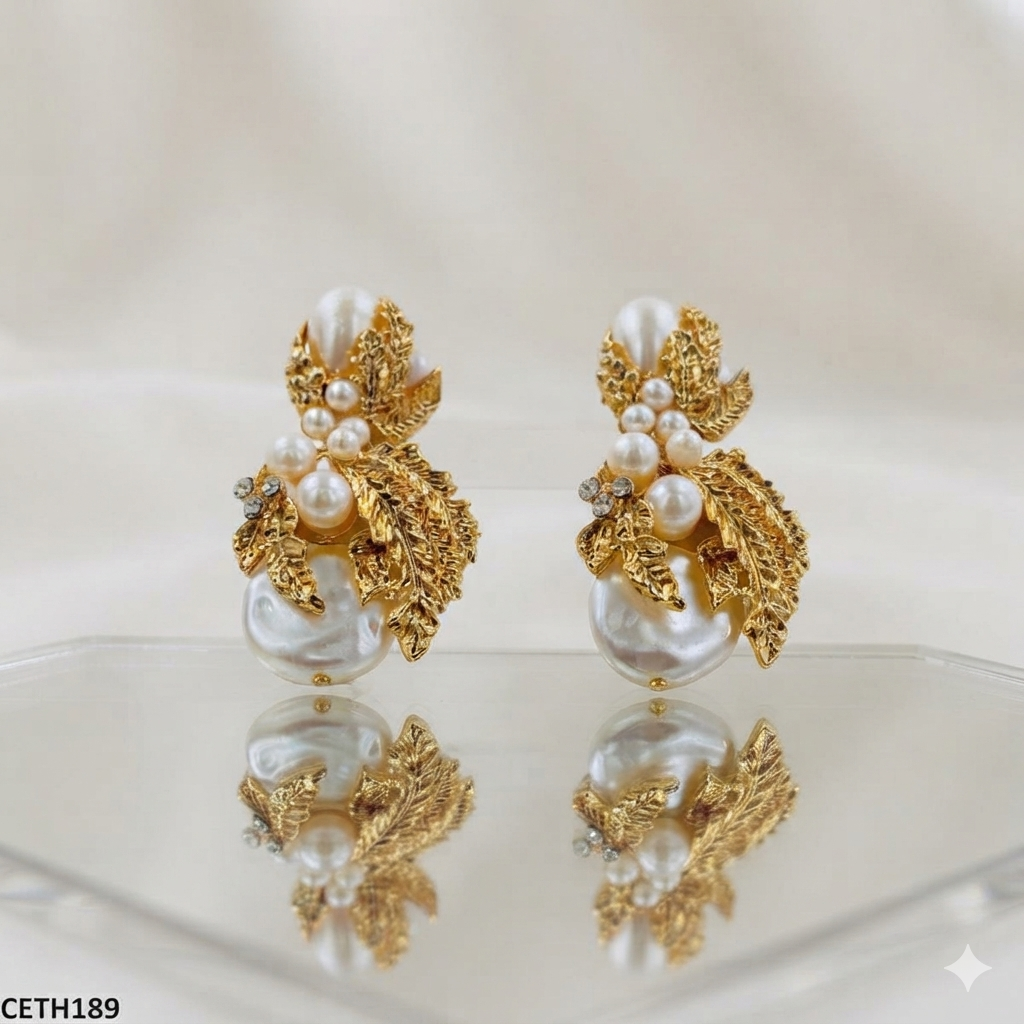 Gold Leaf Baroque Pearl Studs