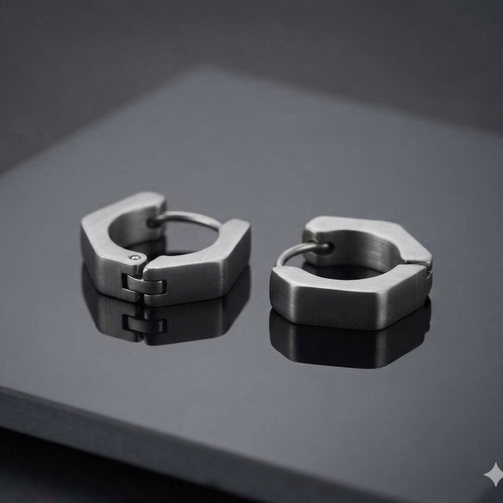 Silver Geometric Hexagonal Huggie Hoop Earrings