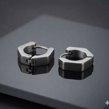 Silver Geometric Hexagonal Huggie Hoop Earrings