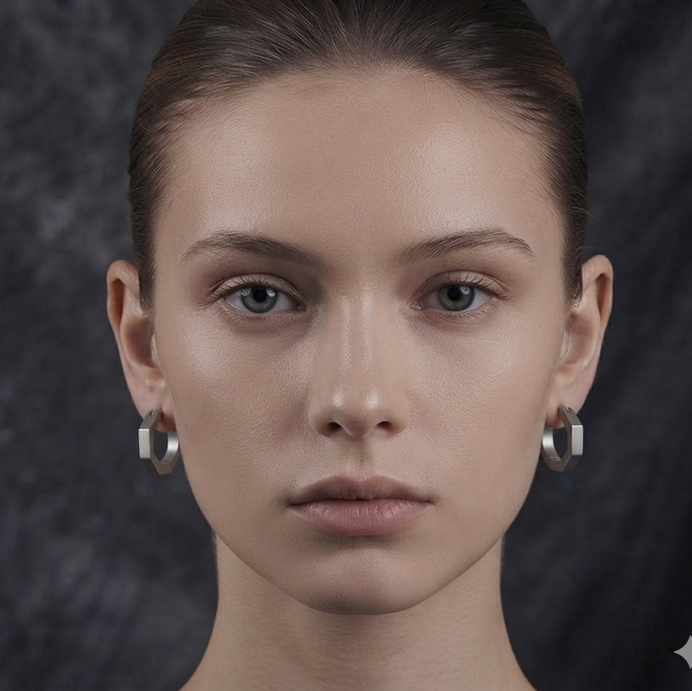 Silver Geometric Hexagonal Huggie Hoop Earrings