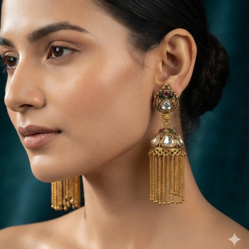 Antique Kundan Chain Fringe Jhumkas