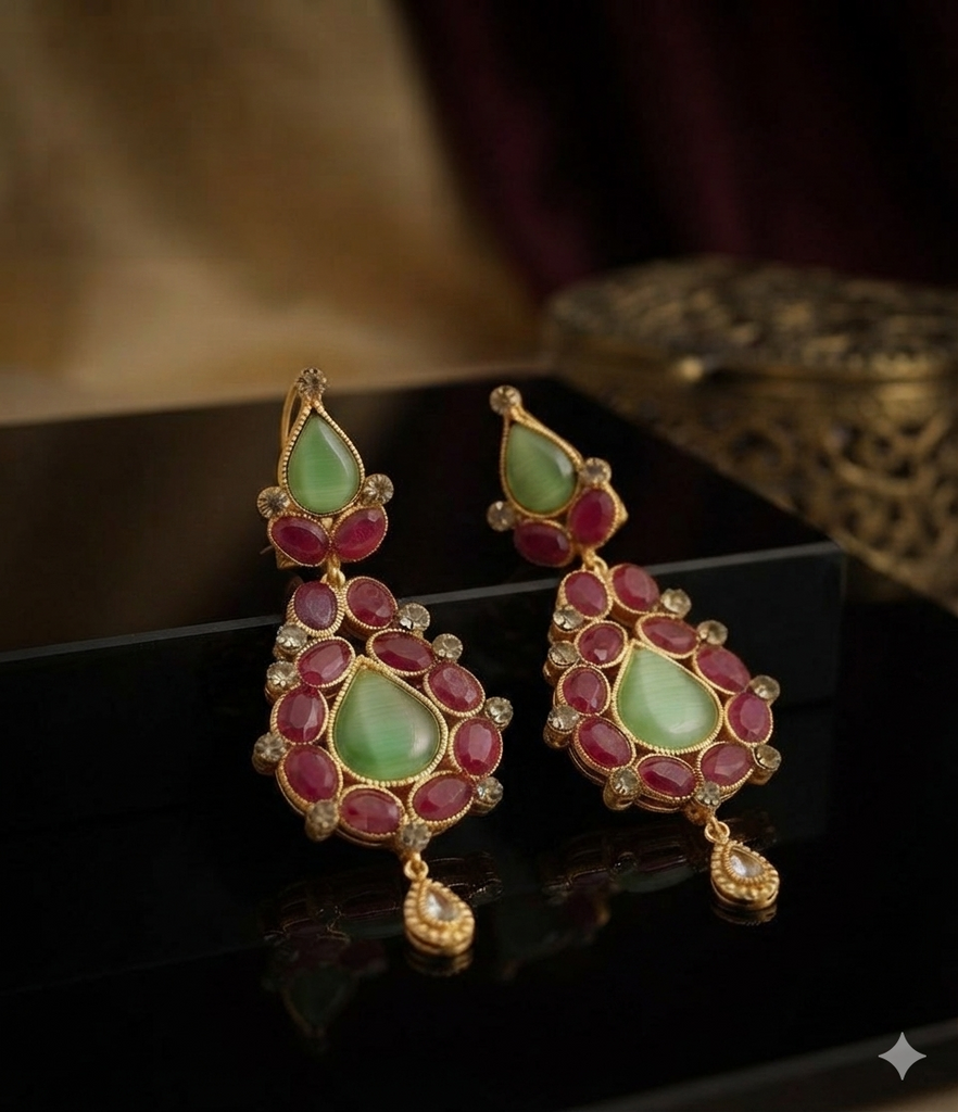 Gold Teardrop Earrings with Cat's Eye & Ruby-Red Stones