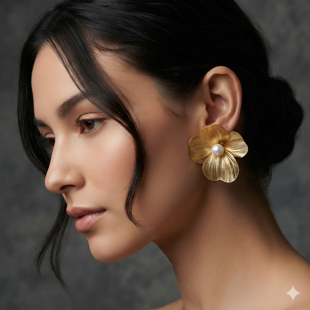 Textured Gold Floral Pearl Studs