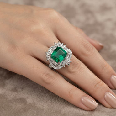 Emerald Halo Zircon Ring – Silver Plated Adjustable