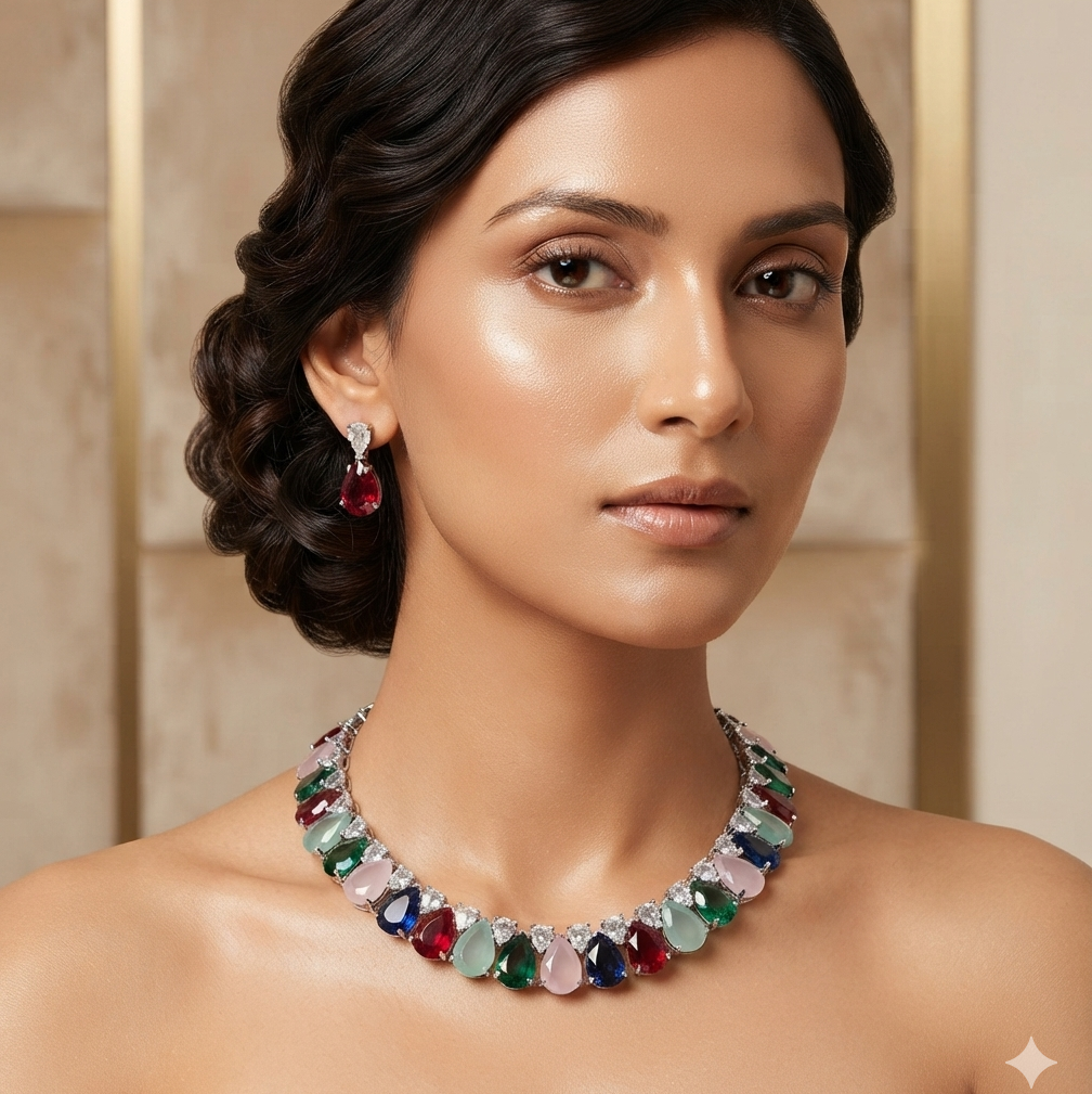 Teardrop Cluster American Diamond Choker Set