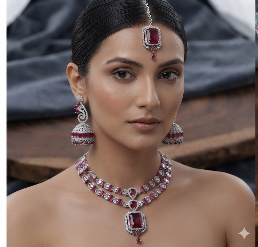 Double Row Jhumka American Diamond Bridal Set with Maang Tikka