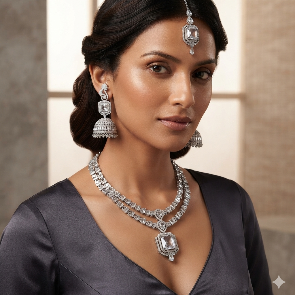 Double Row Jhumka American Diamond Bridal Set with Maang Tikka