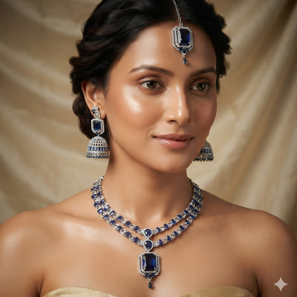 Double Row Jhumka American Diamond Bridal Set with Maang Tikka