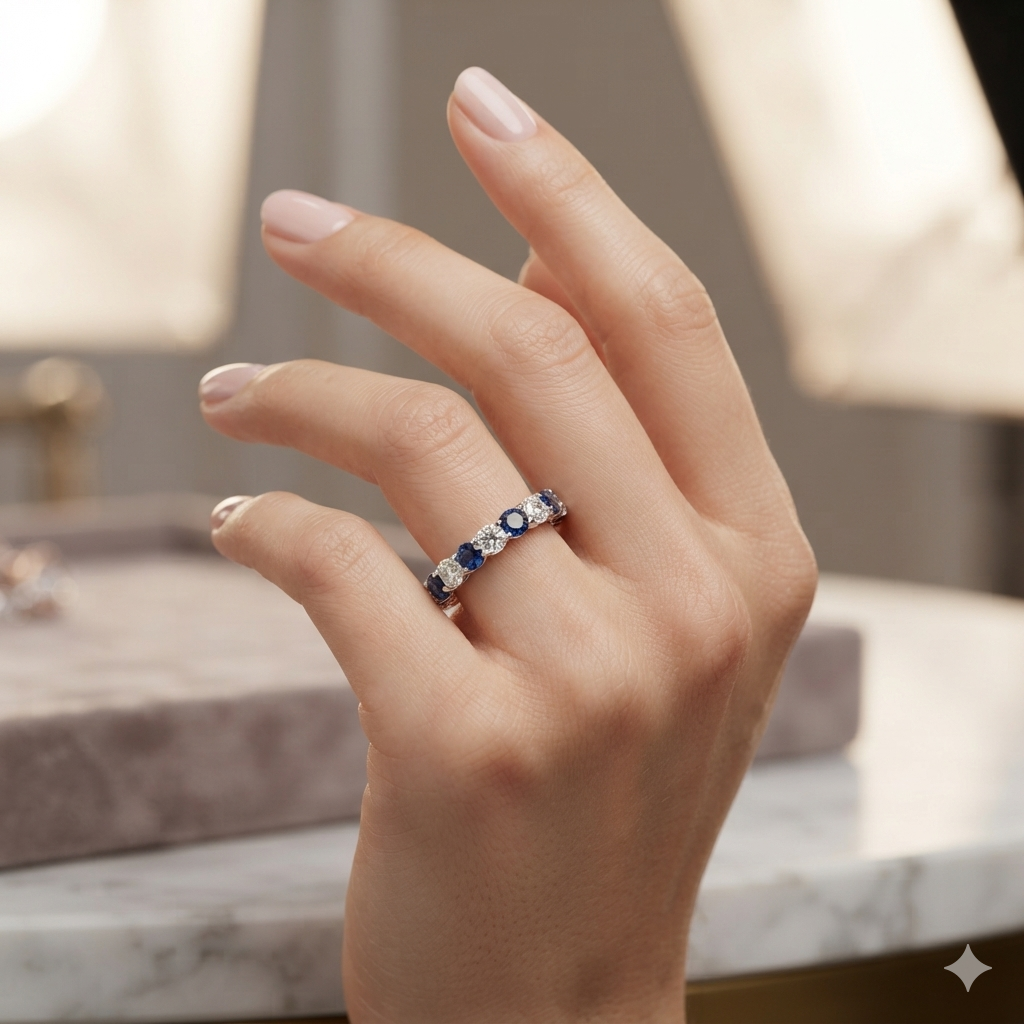 Sapphire Eternity Band Ring – Silver Tone