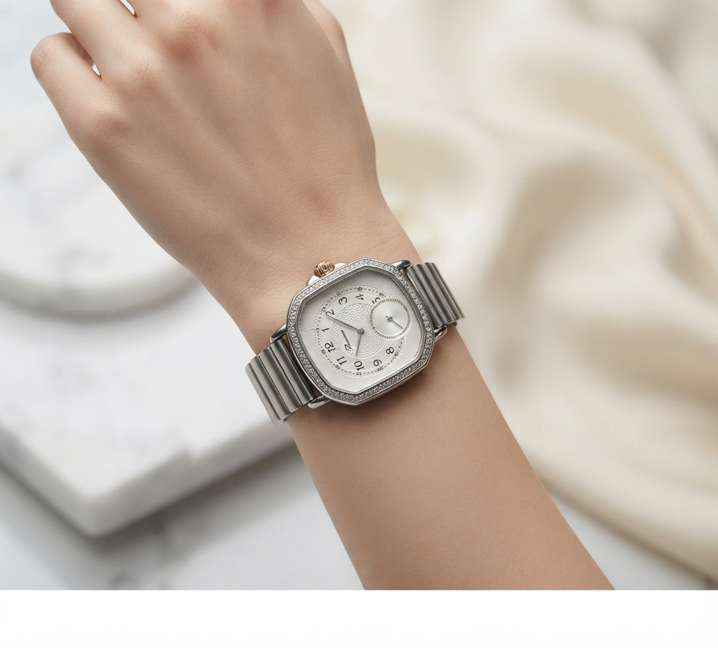 Cushion Case Crystal Bezel Watch – Stainless Steel