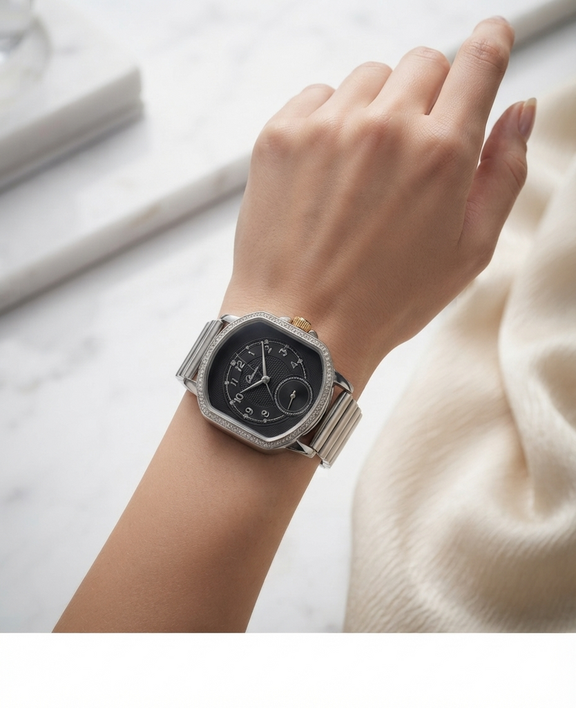 Cushion Case Crystal Bezel Watch – Stainless Steel
