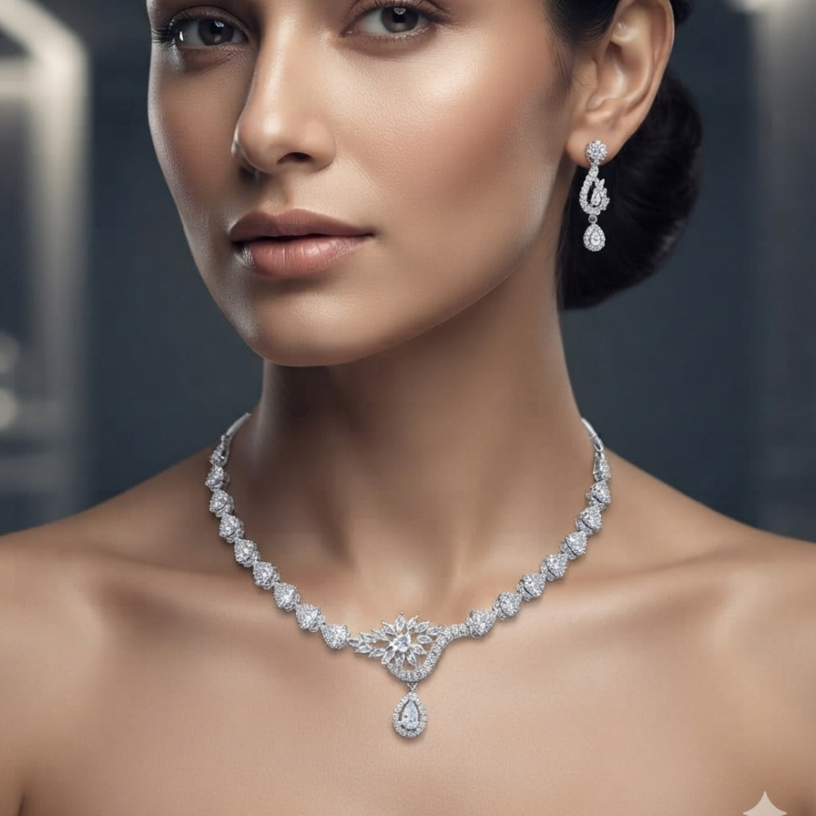 Pavé Floral & Pear Drop Necklace Set