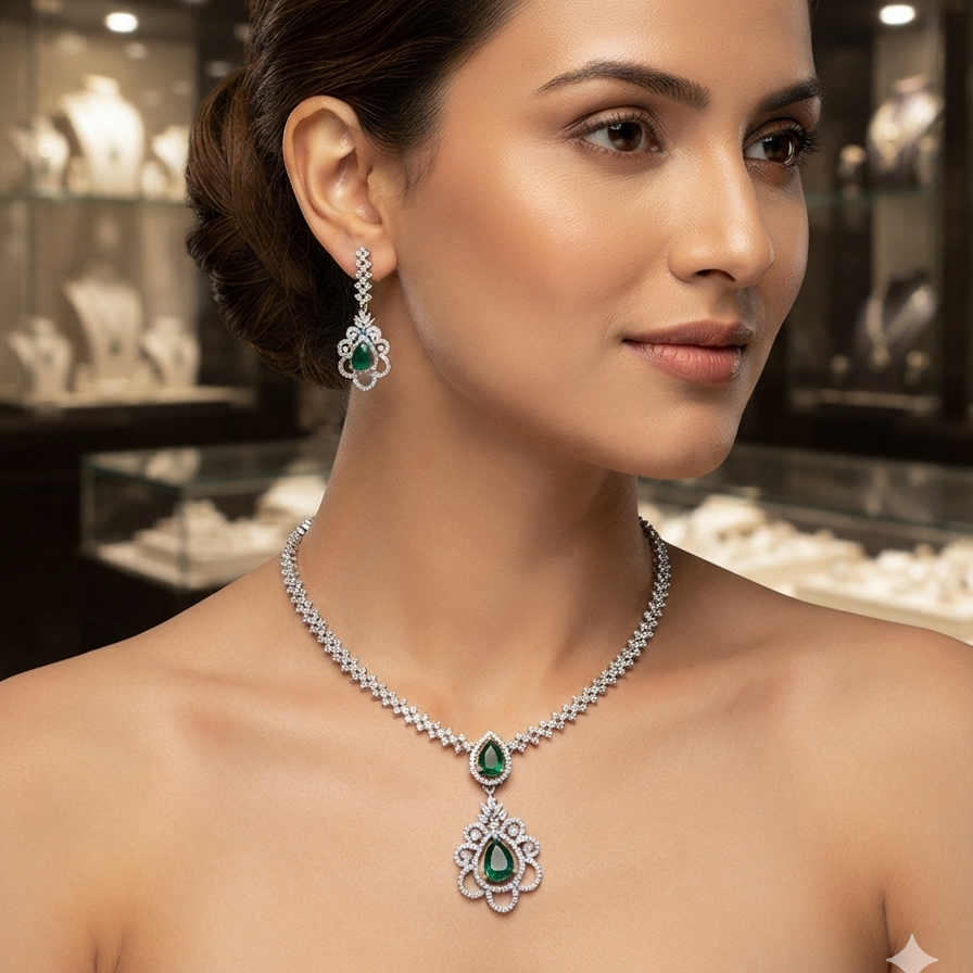 Pavé Tennis Chain & Emerald Pendant Set