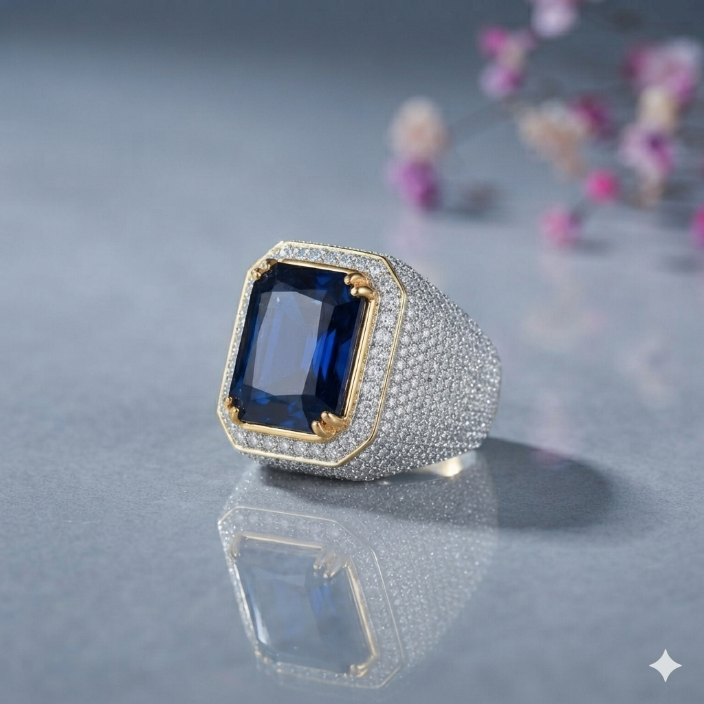 Iced Emerald Halo Statement Ring – Two Tone