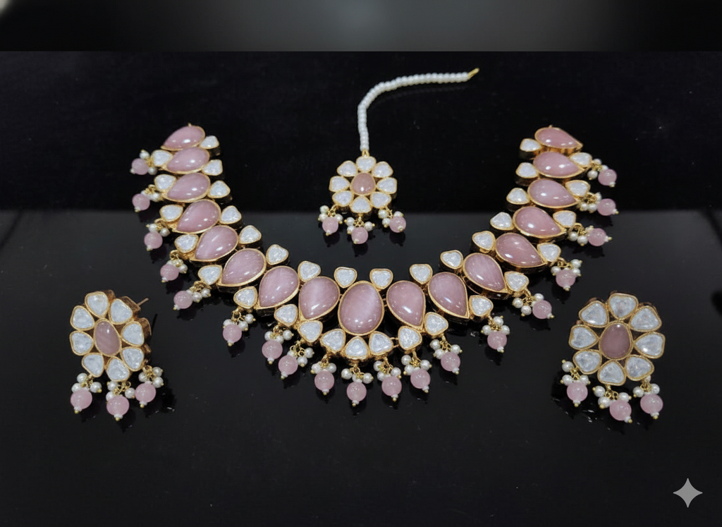 Pink Quartz Kundan Jewelry Set