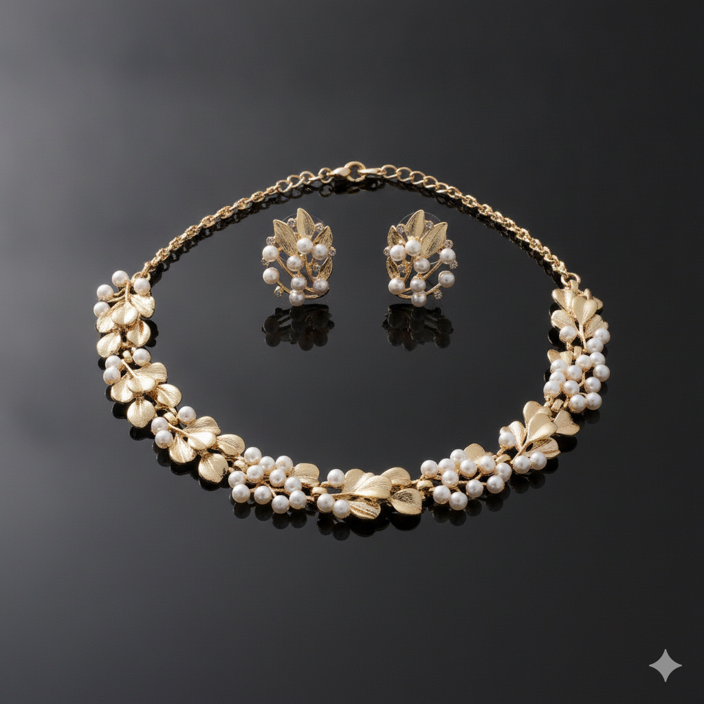 Gold Leaf & Pearl Necklace Set