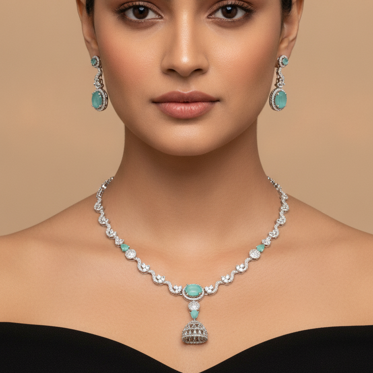 Luxury Mint Green AD Necklace Set with Matching Earrings