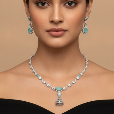 Luxury Mint Green AD Necklace Set with Matching Earrings
