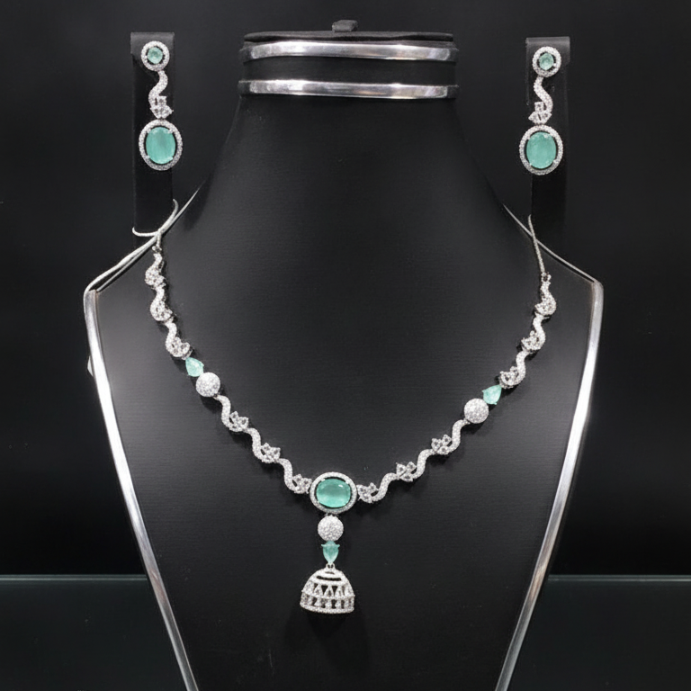 Luxury Mint Green AD Necklace Set with Matching Earrings