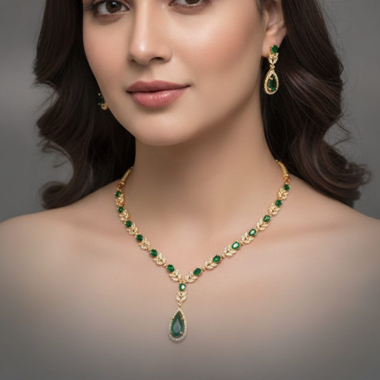 Luxury Emerald Teardrop AD Necklace Set with Earrings & Tikka