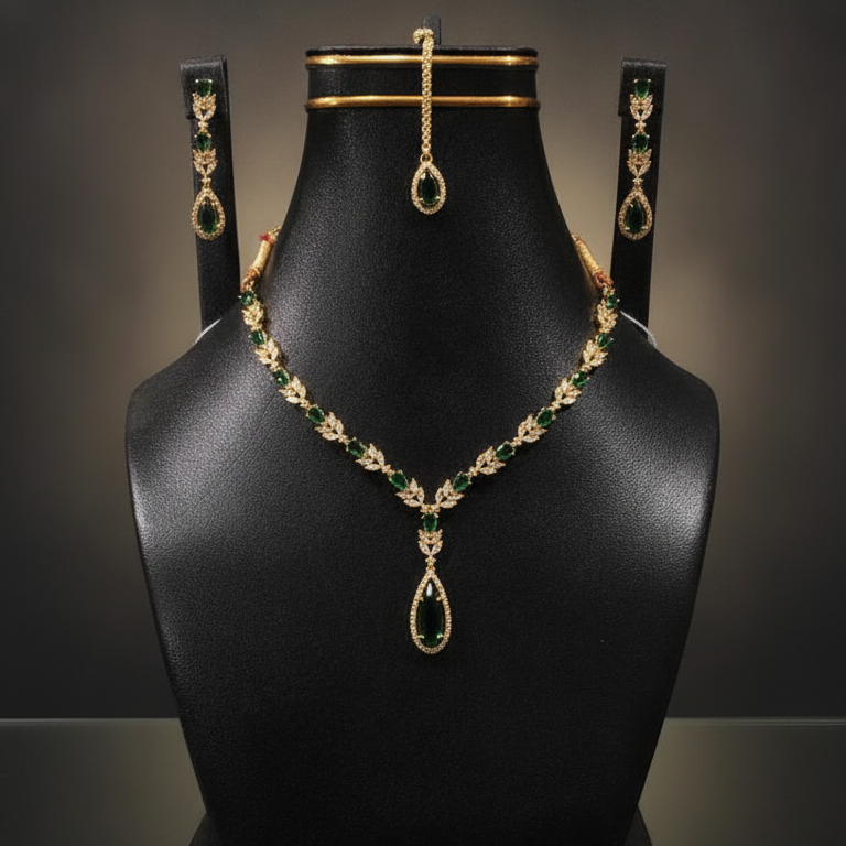 Luxury Emerald Teardrop AD Necklace Set with Earrings & Tikka