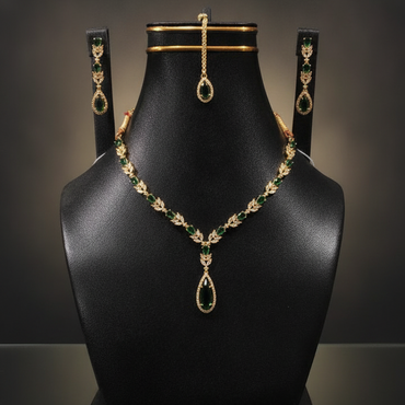 Luxury Emerald Teardrop AD Necklace Set with Earrings & Tikka