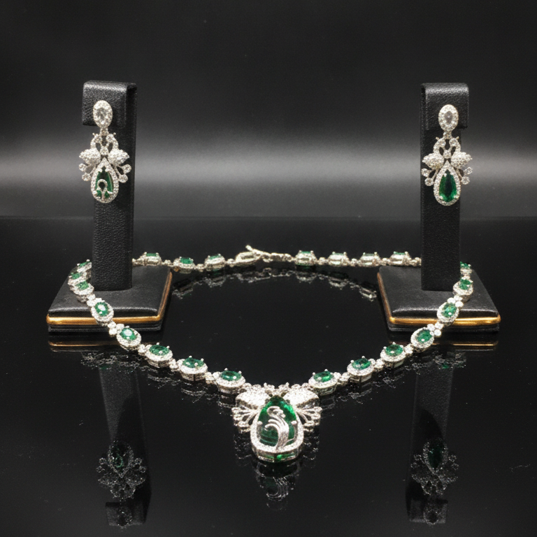 Luxury Emerald Green AD Necklace Set with Matching Earrings