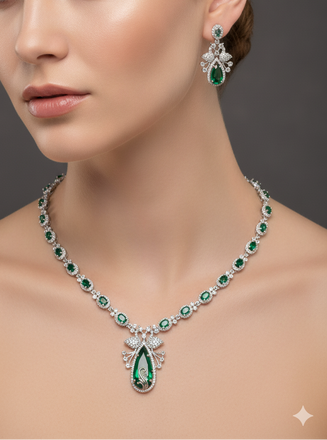 Luxury Emerald Green AD Necklace Set with Matching Earrings