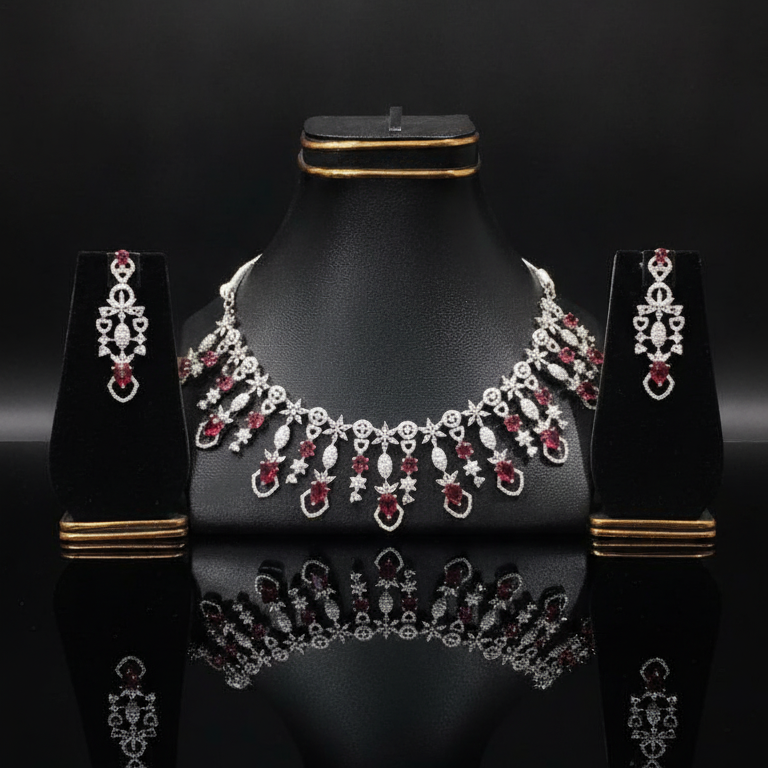 Luxury Ruby AD Necklace Set with Matching Earrings