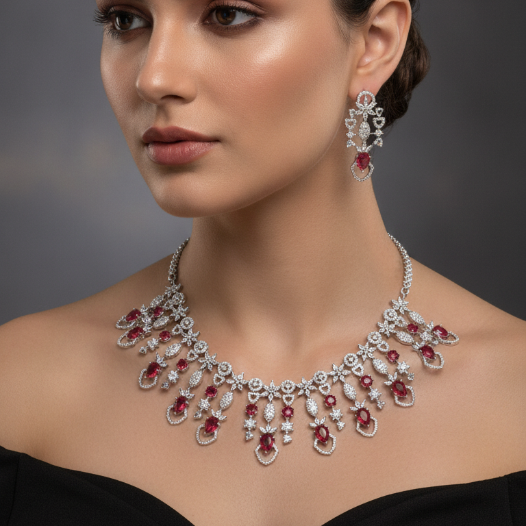 Luxury Ruby AD Necklace Set with Matching Earrings
