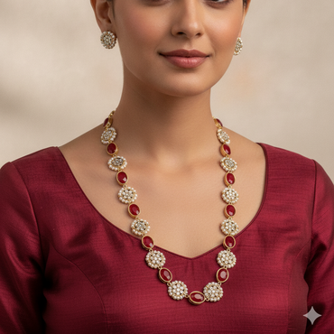 Premium Kundan Pearl Mala Set with Matching Earrings