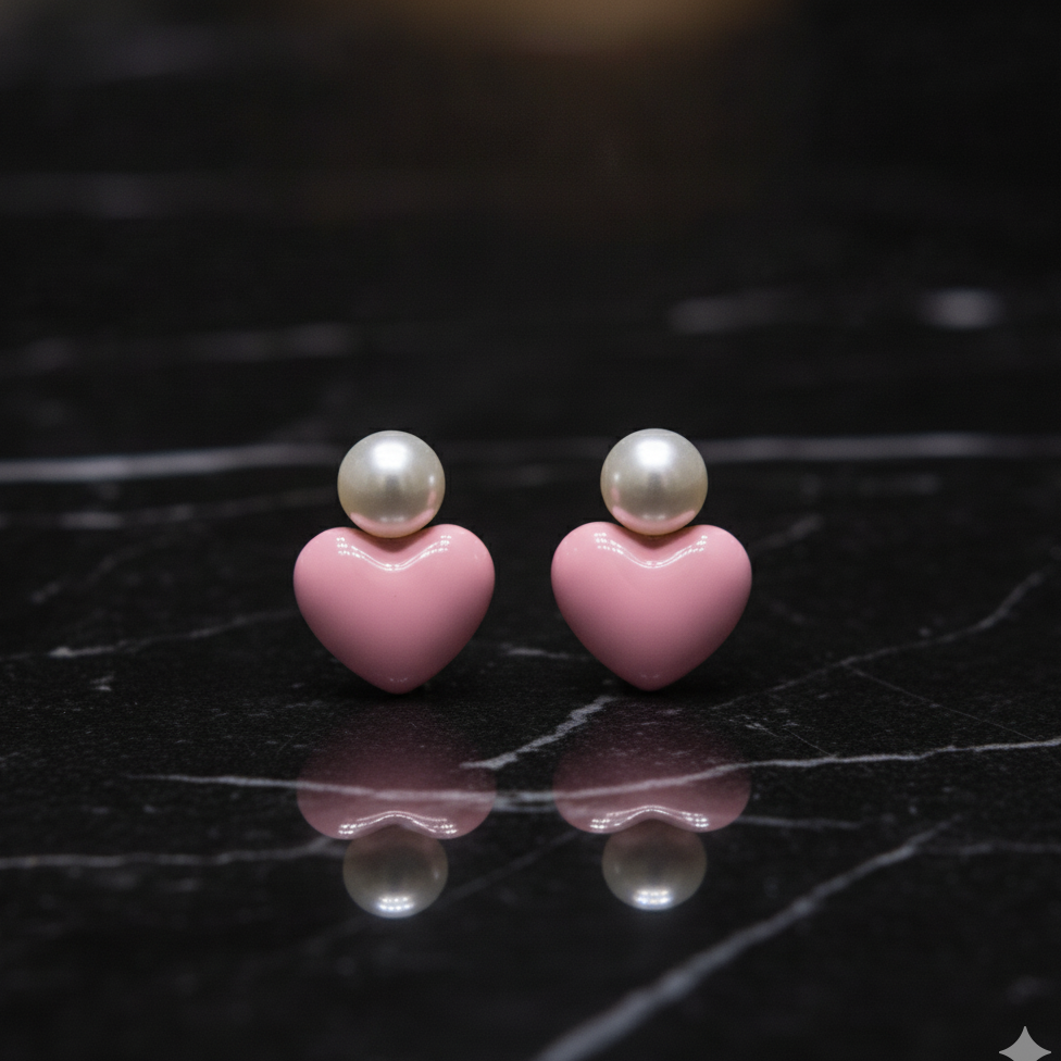 Pink Enamel Heart Pearl Studs